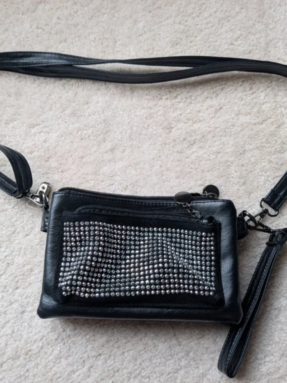 Black rhinestone crystal silver studded crossbody purse bag & wristlet wallet